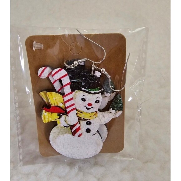 Wood Print Merry Christmas Trees Leopard Snowman Santa Claus Earrings 9 Pair - Picture 7 of 9